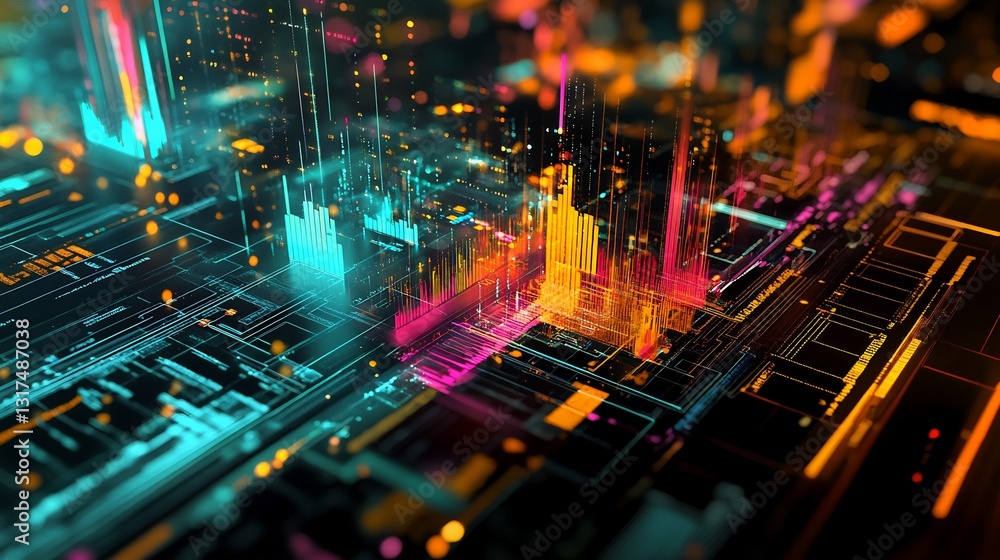 Poster Vibrant rendering of business analytics emphasizing predictive analytics data visualization actionable insight