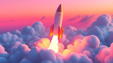 Fototapeta premium Rocket launching through sunset clouds. Startup success concept