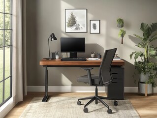 A modern home office setup with desk and computer monitor
