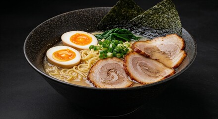 cooking tutoriluxurious tonkotsu ramen, rich and creamy pork bone broth with thin, silky noodles, topped with perfectly sliced chashu pork for restaurant menus, Asian cuisine blogs, food photography