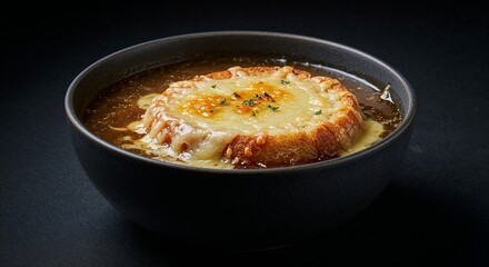 Refined French onion soup with melted cheese for restaurant menus, comfort food blogs, traditional recipe websites, and winter culinary photography