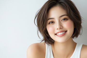Fototapeta premium A cheerful young woman with a bright smile, featuring soft waves in her hair. She radiates confidence and warmth, conveying a sense of happiness and approachability.