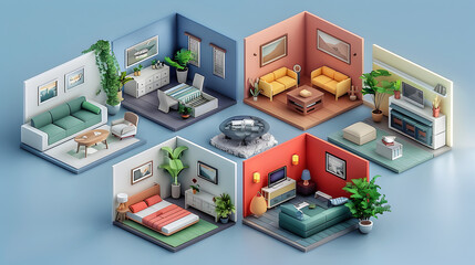 Isometric Modern Home Interior Design Rooms