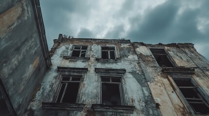 Ruined building, overcast sky, decay, urban exploration, historical site