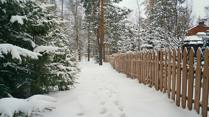 Snowy path beside wooden fence, winter forest background; ideal for winter wonderland, holiday, or seasonal greeting cards