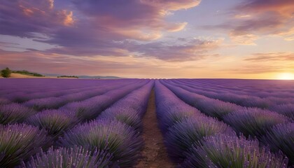 A field of warm sunset casting golden and purple hues, gentle breeze moving the flowers and rolling hills 