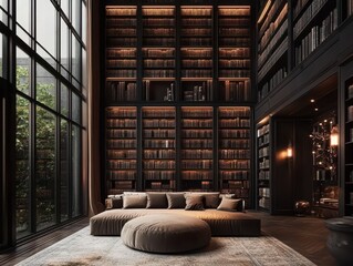 A luxurious library featuring bookshelves and cozy lounge furniture