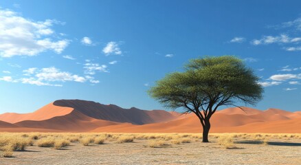 Fototapeta premium Dunes in Namibia, sunny blue sky, single acacia tree, sand dune background