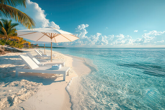Travel spa treatments beach escapes relaxation. Serene beach scene with umbrellas and lounge chairs by the water.