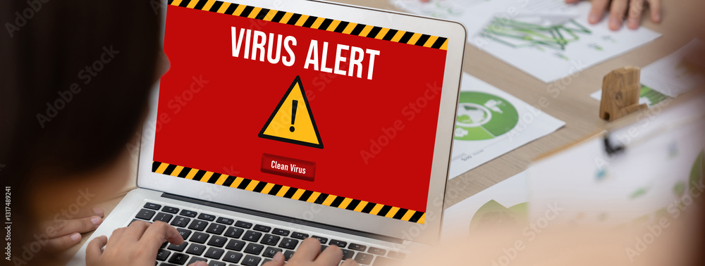 Poster virus warning alert on computer screen detected brisk cyber threat , hacker, computer virus and malw