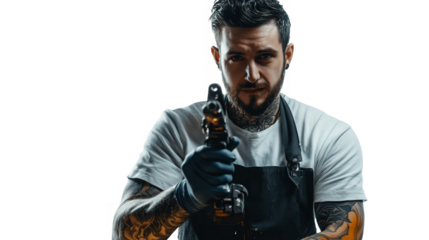 Tattoo artist in a studio holding a tattoo gun wearing gloves isolated on a transparent background