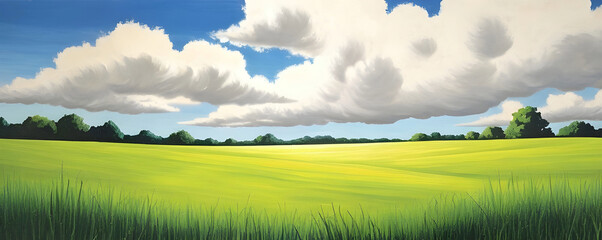 Vibrant Painting, Grassy Open Fields During a Bright Cloudy Summer Day for Graphics, Backgrounds, Resources, Buisness, and More
