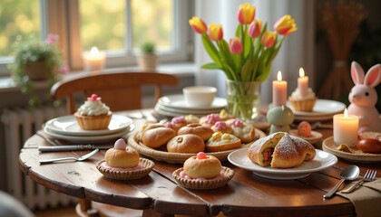 Flower arrangement and festive pastries on rustic wooden table