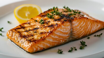 Grilled halal salmon fillet with crispy skin on a white plate with lemon