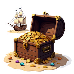 Treasure chest overflowing with gold coins on sandy beach, adventure