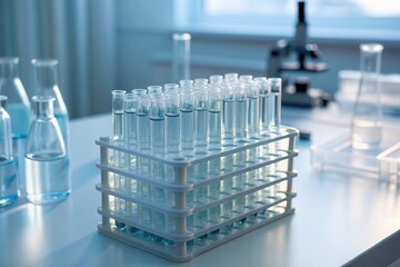 Stack of Glass Vials With Clear Liquid Arranged Neatly in a Laboratory Setting Generative AI