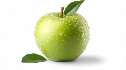 Green Apple with Leaves on White