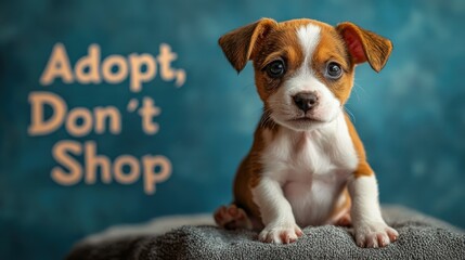 Bold message promoting pet adoption with a cute puppy in focus