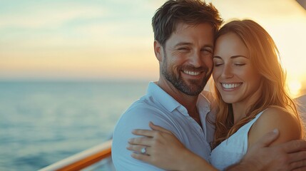 Obraz premium A joyful couple embraces on a seaside cruise at sunset, showcasing love and happiness. The warm glow of the sun enhances their smiles, symbolizing romance and togetherness.