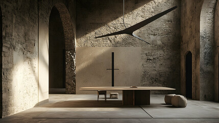 Minimalist wooden table in a stone chapel interior, sunlit, peaceful background, perfect for design or meditation imagery