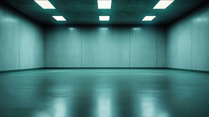 Fototapeta premium A minimalist, empty room featuring smooth concrete walls and a sleek, polished floor under bright, overhead lights, offering a sense of space and tranquility.