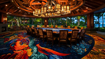 Naklejka premium Luxurious indoor dining area, tropical ocean view, large table, ornate chairs, resort setting, perfect for high-end hospitality marketing