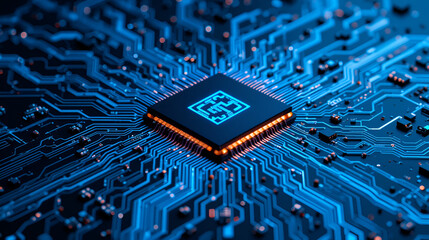glowing microchip on blue circuit board, showcasing intricate electronic pathways and connections, symbolizing advanced technology and innovation in computing