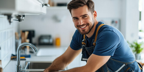 Young plumber in overalls repairs a sink in a bright kitchen, showcasing professionalism and a friendly demeanor while working
