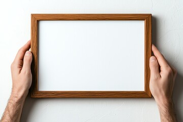 A pair of hands holds a blank wooden frame against a white wall, ready for artwork or a photo, symbolizing creativity and personalization in home decor.