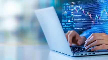 A professional analyzes financial data on a laptop, showcasing graphs and statistics