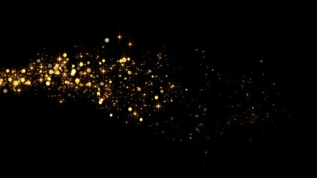golden stars and bokeh lights sparkle glitters light trail alpha channel loop 4k animation, shiny glowing gold particles on transparent background	