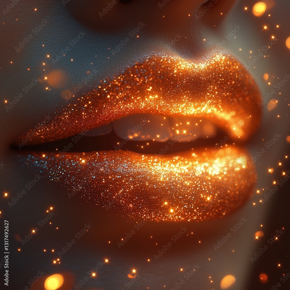 Poster glittering lips: a close-up shot of lips adorned with sparkling glitter creating a dazzling and glam