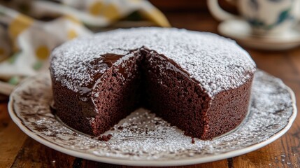 Chocolate cake with a thick layer of dark chocolate ganache and a dusting of powdered sugar.