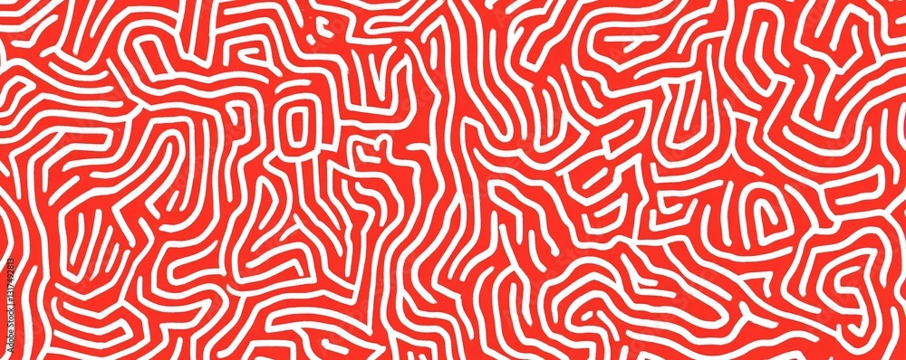 Poster red maze-style pattern with white doodle squiggle lines