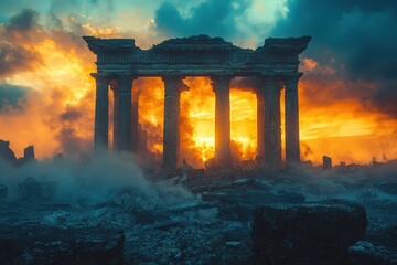 Naklejka premium Ruined temple with dramatic sunset