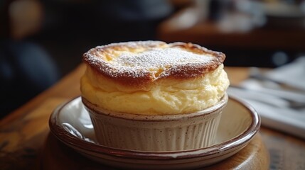 Delightful lemon souffle with powdered sugar in a cozy setting