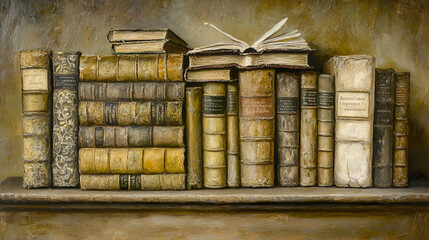 Antique books on a shelf, library setting, scholarly atmosphere, educational resource