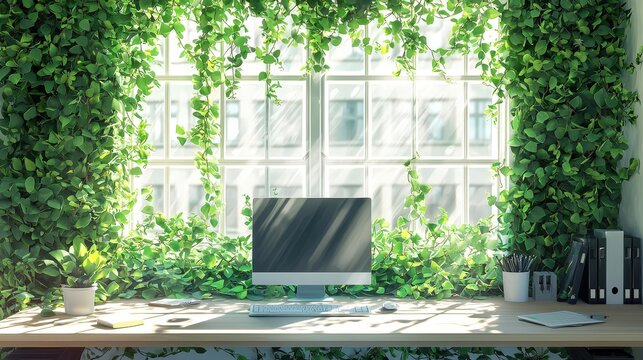 Flat design of a green workspace with recycled material structure, efficient air circulation, and nature-integrated design, sustainable office environment