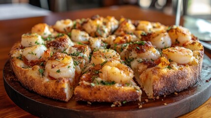 Delicious Shrimp Pizza on Wooden Board