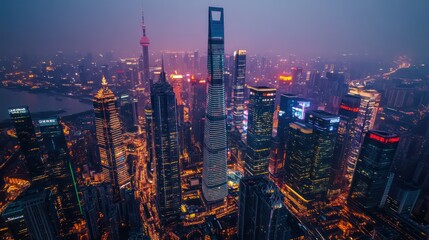 Fototapeta premium Shanghai skyline night view, city buildings, illuminated cityscape, urban landscape, travel photography