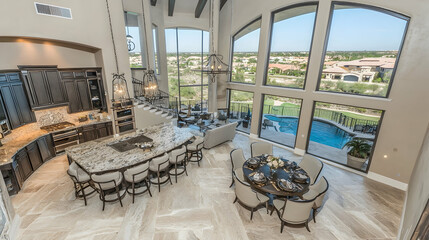 Luxurious Arizona home interior, high ceilings, open plan kitchen, dining area, pool view, ideal for real estate listings