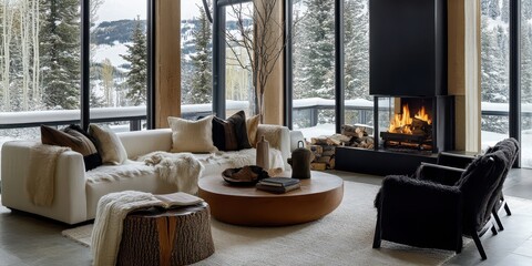 A cozy living room with a fireplace and snowy vista view