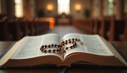 Open book with prayer beads in a quiet chapel