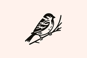 Sparrow on branch, simple line art vector illustration