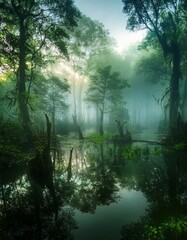 Obraz premium Un pantano brumoso exuda un ambiente místico con sus aguas ocultas, árboles cubiertos de niebla y un aura cautivadora de encanto y misterio, 4k