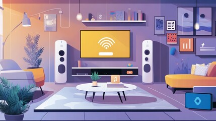 Smart home living room, wifi music streaming, cozy evening