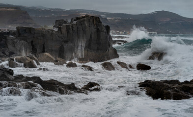 Strong waves in El Puertillo. Arucas seascape. Gran Canaria. Canary islands. Spain