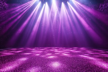 Stage illuminated by purple lights in a hazy and glittery ambience
