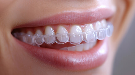 A close-up of a patientÃ¢ÂÂs mouth fitted with clear aligners, highlighting their transparent and snug fit.
