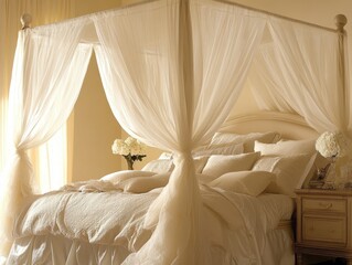 A luxurious canopy bed draped with flowing white curtains